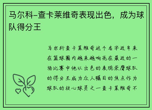 马尔科-查卡莱维奇表现出色，成为球队得分王